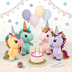 Obraz premium Four colorful plush unicorns celebrate a birthday with a cake and balloons