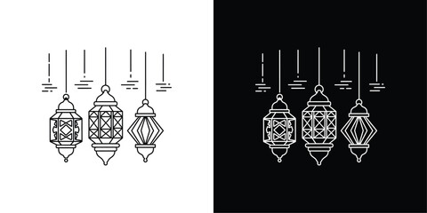 Hanging Lanterns Line Art Vector, Black and White Minimal Illustration for Ramadan, Eid, Festival, and Decoration Design Concepts