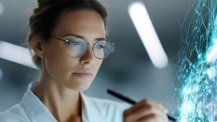 Professional woman in white coat uses stylus to interact with virtual interface, surrounded by glowing blue digital graphics. Scene highlights advanced science, innovation, technology trends - Powered by Adobe