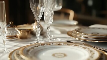 Formal place setting featuring elegant china with gold trim and crystal stemware - Powered by Adobe