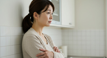 キッチンで腕を組み物思いにふける中年の女性