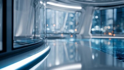 Sleek, high tech office space features transparent glass partitions, glowing digital panels, reflecting cutting edge corporate environment. Design emphasizes innovation, connectivity, productivity