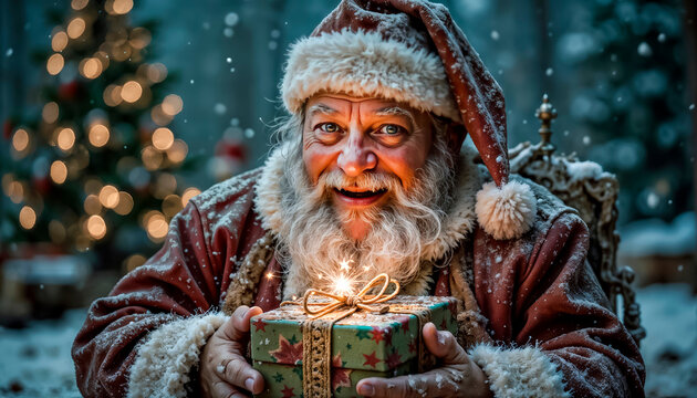 A cheerful and cunning Santa smiles charmingly and winks cheerfull. Christmas Eve, magic