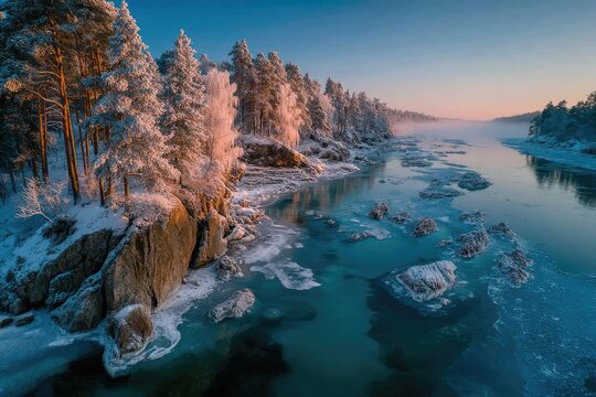 A breathtaking aerial landscape of a snow-covered pine forest