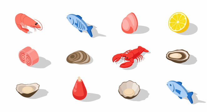Isometric Seafood Icon Set including Shrimp, Lobster, Fish, Oysters, and Lemon Slice. Perfect for culinary graphics and web design.