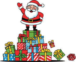 Santa Claus standing on colorful Christmas gift boxes, joyful holiday celebration illustration with festive presents and cheerful spirit