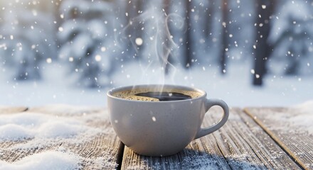 Hot coffee cup on a snowy wooden table in winter forest scenery with snowfall