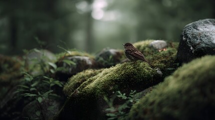Obraz premium A small bird rests on a moss covered stone in a serene forest setting