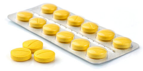 A blister pack of small round yellow pills with several loose tablets scattered in front on a white background representing medication and healthcare