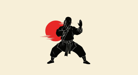 Karate Silhouette with Red Sun Background Vector Illustration