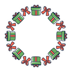 Cute circular Christmas frame. Color holiday wreath design with xmas elements, ribbon, gift boxes. Vector illustration for winter decor, digital art, social media posts, seasonal marketing
