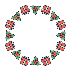 Festive round Christmas border. Modern vector wreath with  fir tree and gift boxes. Vector  illustration for December promotions, wrapping paper, posters, and joyful winter designs