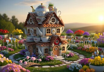 Obraz premium Enchanting Teapot House in a Vibrant Flower Garden at Sunset