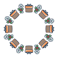 Festive round Christmas border. Modern vector wreath with  fir tree, gift boxes, candy. Vector illustration for December promotions, wrapping paper, posters, and joyful winter designs