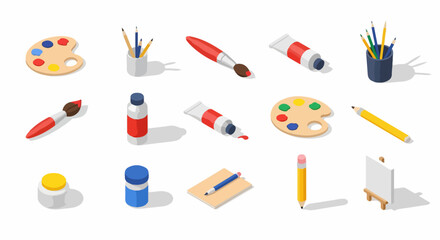 Collection of isometric art and drawing tools with paint palettes, brushes, pencils, and canvas for creative projects.