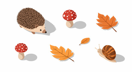 Isometric vector set of autumn forest elements including a hedgehog, snail, fly agaric mushrooms, and colorful fall leaves isolated on white.