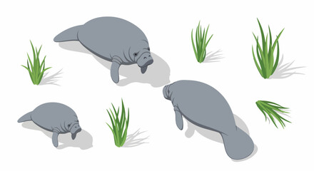 Isometric flat vector illustration of three manatees (sea cows) swimming near sea grass, isolated on a clean white background.