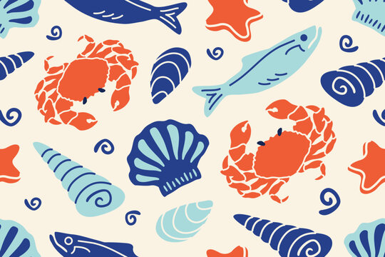 Mediterranean Seamless pattern with sardines, crabs, seashells. Hand drawn doodle Ocean fishes, crustacean and starfish. Marine wallpaper for print, wall art, interior, menus, cafe, restaurant. Vector
