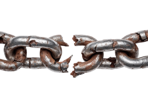 Close-up view of broken metallic chain links showcasing rust, wear, and intricate texture details against a stark background on transparent background.