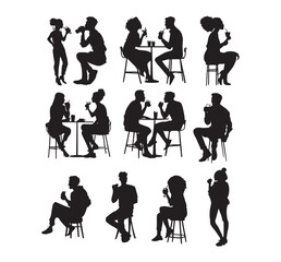 Silhouettes of them socializing in a cafe. A diverse group of people chatting and drinking. A cheerful cafe with a diverse group of friends socializing. A social gathering in a lively cafe with a dive