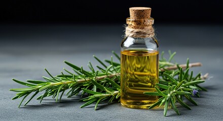 Glass bottle of potent rosemary oil extract, accompanied by vibrant, aromatic green herb branches. Ideal for holistic health visuals ,essential ,rosemary ,ingredient