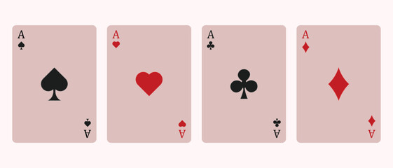 Four aces playing cards set featuring spade, heart, club, and diamond symbols on soft background, symbolizing luck, gambling, and casino entertainment, perfect for poker or game design.