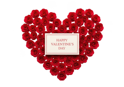 A heart shape made of red roses with a happy valentines day message in the center, isolated on transparent background