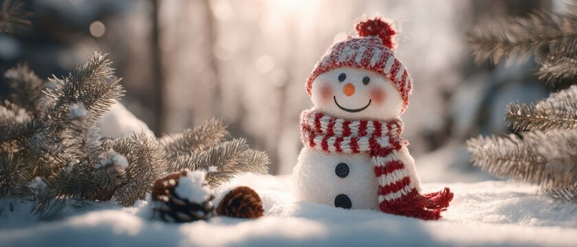 The Snowman Wearing a Red Knit Hat and Scarf in a Snowy Forest