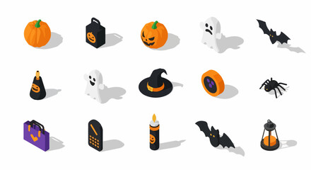 Isometric Halloween Icons Set. Spooky Ghosts, Jack-O-Lanterns, Bats, and Witch Hats Collection.