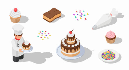 Isometric set of confectionery elements: chef preparing desserts, tiered cake, cupcakes, sprinkles, and baking tools.