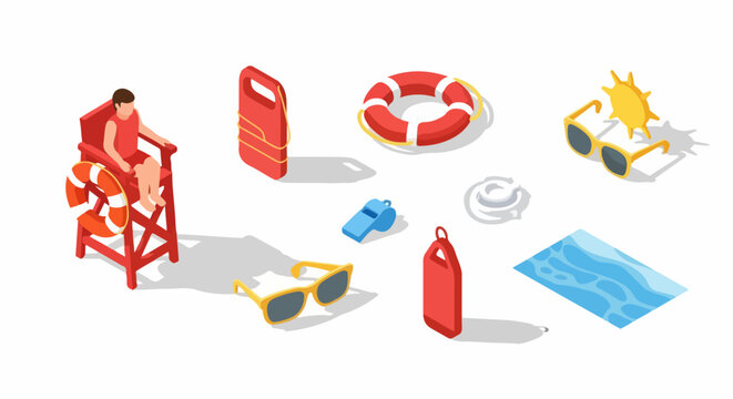 Isometric set of lifeguard and pool safety equipment: rescue float, whistle, sunglasses, and observation tower.
