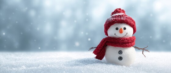 The Snowman Wearing a Red Hat and Scarf in a Snowy Winter Landscape