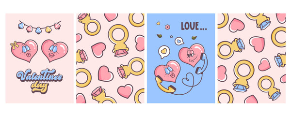 Set of Valentine's day flyers. Romantic postcard template. Kissing lips pattern, wedding ring. Love message to each other. Flirting couple. Doodle hand drawn illustration.  Vector illustration