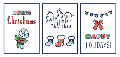 Obraz premium Christmas cards set with wishes. New Year design. Cozy Xmas flyers decorated festive joys, socks, holly, candy, gifts, lights. Hand drawn Christmas borders for winter holiday, invitations. Vector