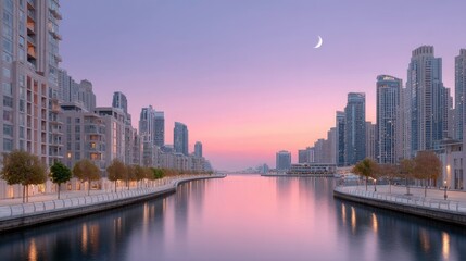Fototapeta premium Serene Twilight Canal Reflecting Pastel Skies Amidst Modern City Buildings Illuminated by City Lights and a Crescent Moon Highlighting Urban Serenity