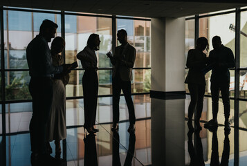 Silhouetted coworkers converse in a glass-walled atrium, reviewing notes and notes of documents. A...