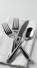 Gleaming stainless steel silverware arranged professionally on a pristine white textile napkin, signifying formal dinner preparation and dining elegance ,breakfast ,gloss ,professional