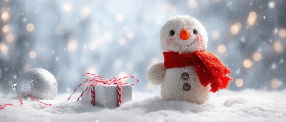 The Snowman Plush With Red Scarf Beside Gift And Silver Ornament In Snow
