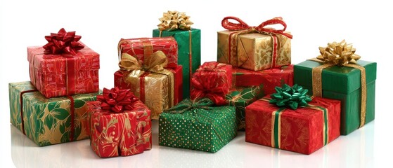 The gift boxes wrapped in red green and gold with decorative bows and ribbons
