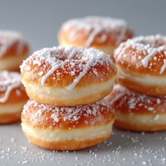 Close Up Macro Shot of Freshly Baked Sugar Doughnuts Drizzled with White Icing and Sprinkled with Granulated Sugar on a Light Gray Background with Cinematic Lighting