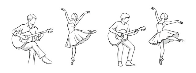 Music and Dance Black and White Line Art. Ballet Dancer and Guitarist Illustration Set.