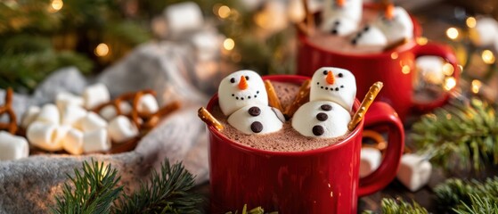 The Hot Chocolate Mugs with Marshmallow Snowmen, Festive Lights, Pine and Cozy Decor