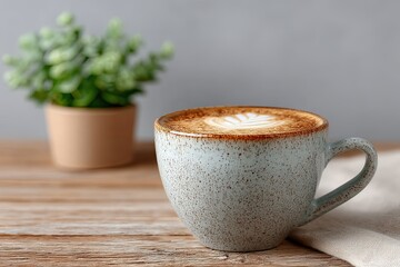 Close Up Macro View Of A Speckled Ceramic Coffee Cup With Detailed Latte Art And A Small Potted Green Plant On A Rustic Wooden Table In Soft Natural Light