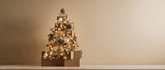 The Christmas tree of stacked gift boxes with golden ornaments and warm lights