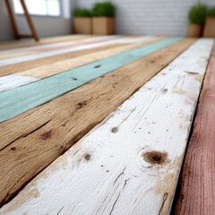 Close-up Macro View of a Weathered Wooden Plank Floor Featuring Stripes of White Blue and Pink Natural Wood Grain and Rustic Texture in a Sunlit Room