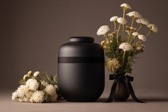 Funeral memorials and cremation services for end-of-life planning. Matte ceramic black cremation urn with white flowers and black ribbon