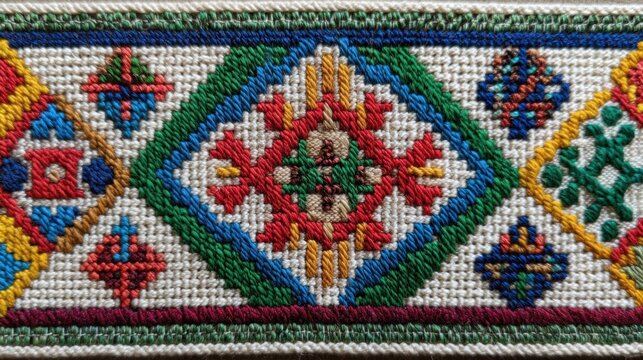 Heritage Textile Patterns, Cultural, Ethnic and Design Content. Traditional Berber Kabyle Embroidery Motif with Intricate Geometric Diamond Patterns and Bright Multicolored Threads