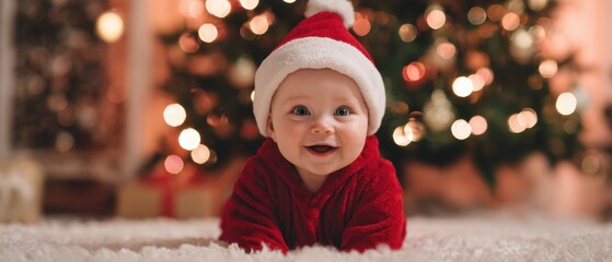 The Baby in a Santa Hat Smiling on a Cozy Rug by the Christmas Tree