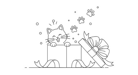 A happy cartoon cat pops out of a gift box with paw prints above.