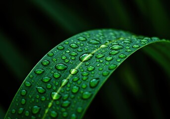 Glistening water droplets cling to a verdant leaf surface after a gentle shower, reflecting ambient light beautifully. Nature's refresh ,plant ,pristine ,weather